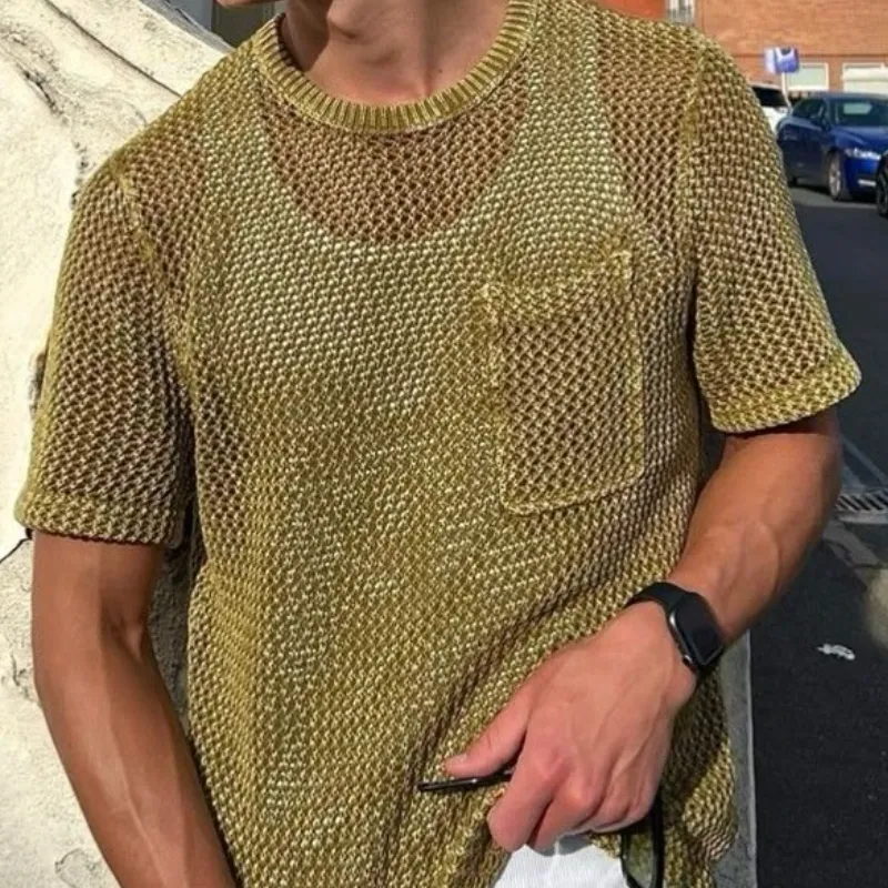 Men's Casual Round Neck Hollow Loose Knitted Short Sleeve Sweater T-Shirt (Tank Top Excluded) MTA0734D3M sold by Manly product image thumbnail 3