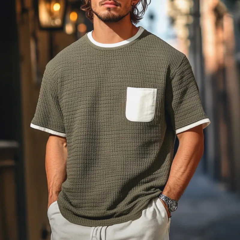 Men's Casual Round Neck Clorblock Patchwork Loose Knitted Short Sleeve Sweater T-Shirt MTA0717D1M sold by Manly product image thumbnail 2
