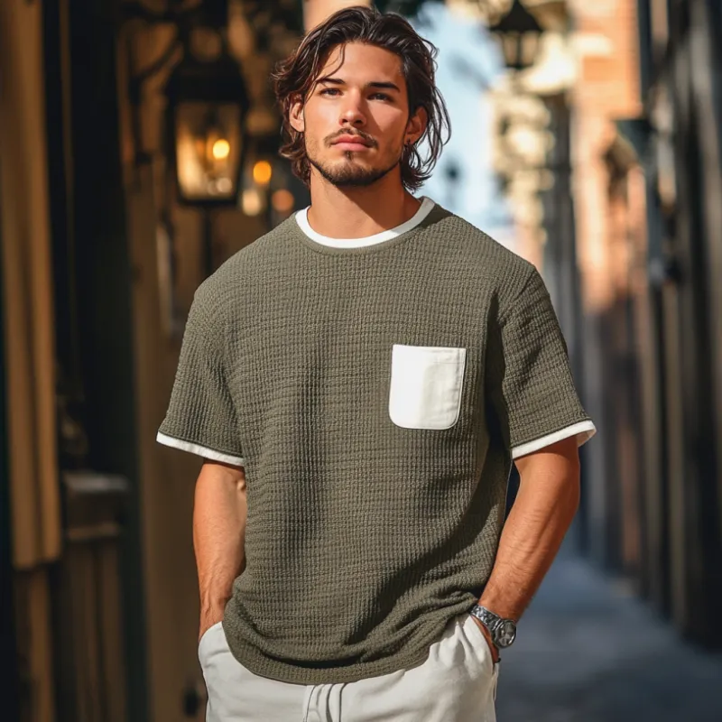 Men's Casual Round Neck Clorblock Patchwork Loose Knitted Short Sleeve Sweater T-Shirt MTA0717D1M sold by Manly product image thumbnail 3