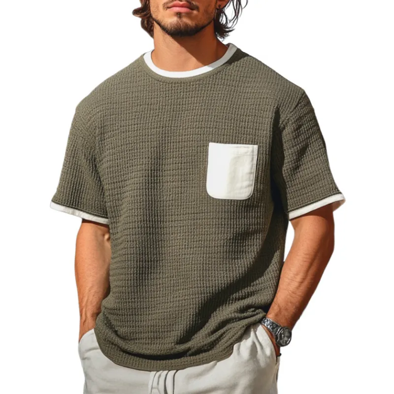 Men's Casual Round Neck Clorblock Patchwork Loose Knitted Short Sleeve Sweater T-Shirt MTA0717D1M sold by Manly