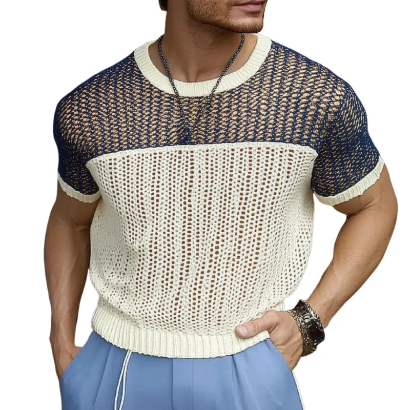 Men's Casual Round Neck Color Block Knitted Short Sleeve Sweater T-Shirt MTA0767D9M sold by Manly