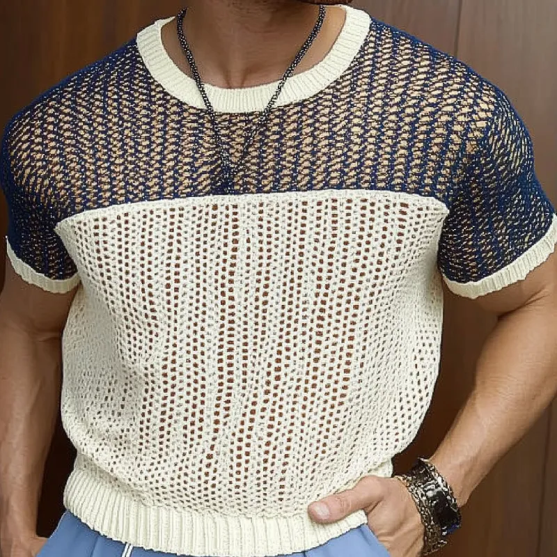 Men's Casual Round Neck Color Block Knitted Short Sleeve Sweater T-Shirt MTA0767D9M sold by Manly product image thumbnail 3