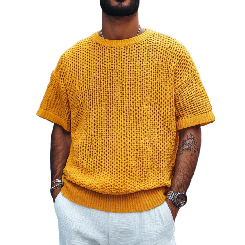 Men's Casual Round Neck Soft Loose Knitted Short Sleeve Sweater T-Shirt MTA0762D4M sold by Manly