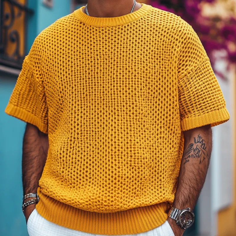 Men's Casual Round Neck Soft Loose Knitted Short Sleeve Sweater T-Shirt MTA0762D4M sold by Manly product image thumbnail 3