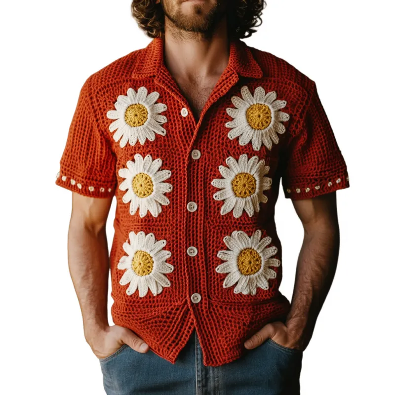 Men's Casual Lapel Single Breasted Daisy Embroidery Knitted Short Sleeve Cardigan MTA0791D3M sold by Manly