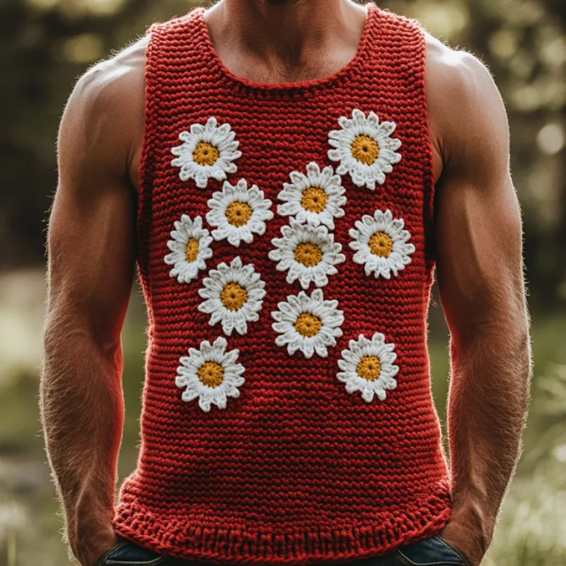 Men's Casual Crew Neck Daisy Embroidered Slim Fit Knitted Tank Top MTA0703D0M sold by Manly product image thumbnail 3