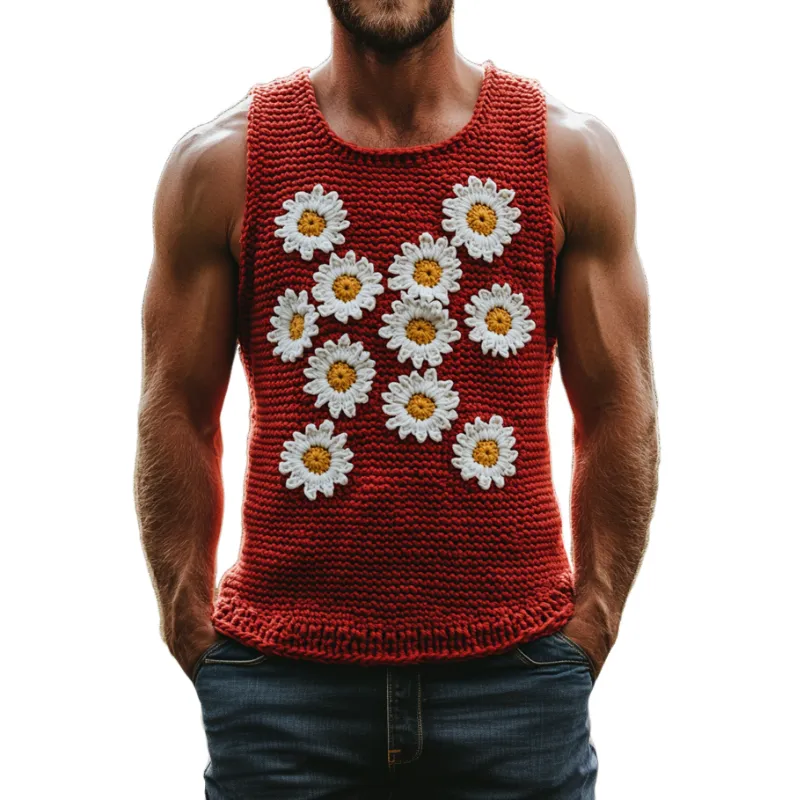 Men's Casual Crew Neck Daisy Embroidered Slim Fit Knitted Tank Top MTA0703D0M sold by Manly