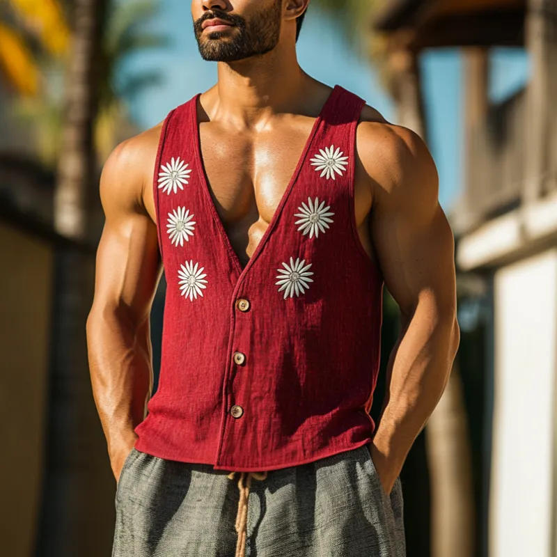 Men's Casual V-Neck Linen Single-Breasted Daisy Embroidered Slim Vest MTA0735D8M sold by Manly product image thumbnail 2