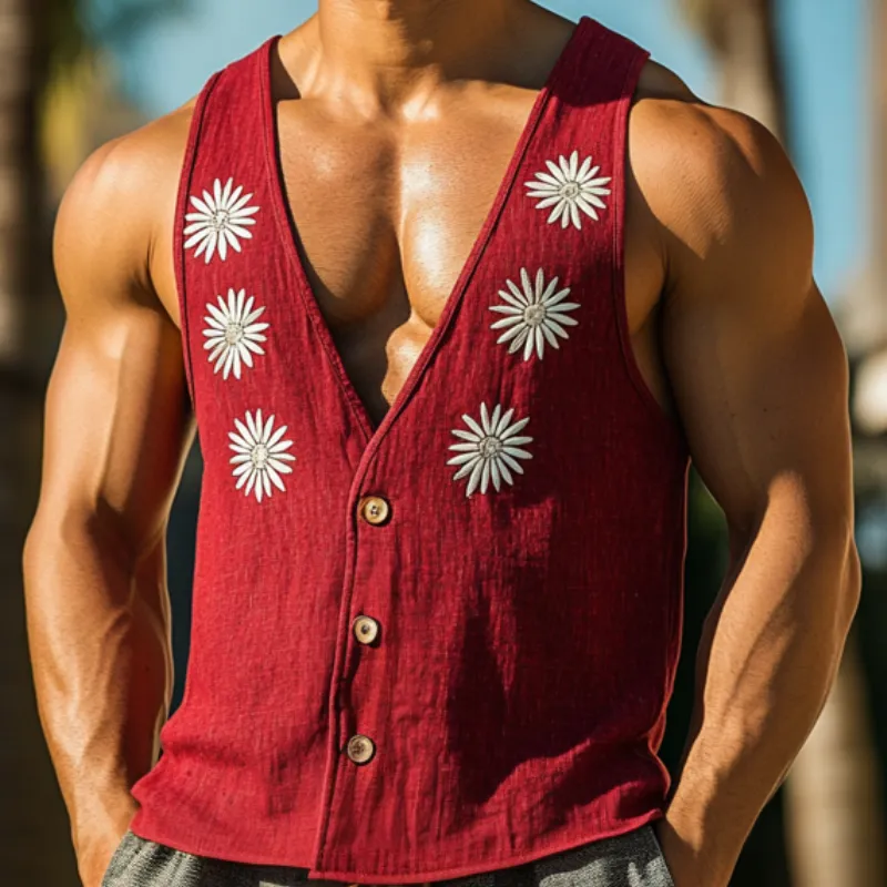 Men's Casual V-Neck Linen Single-Breasted Daisy Embroidered Slim Vest MTA0735D8M sold by Manly product image thumbnail 3