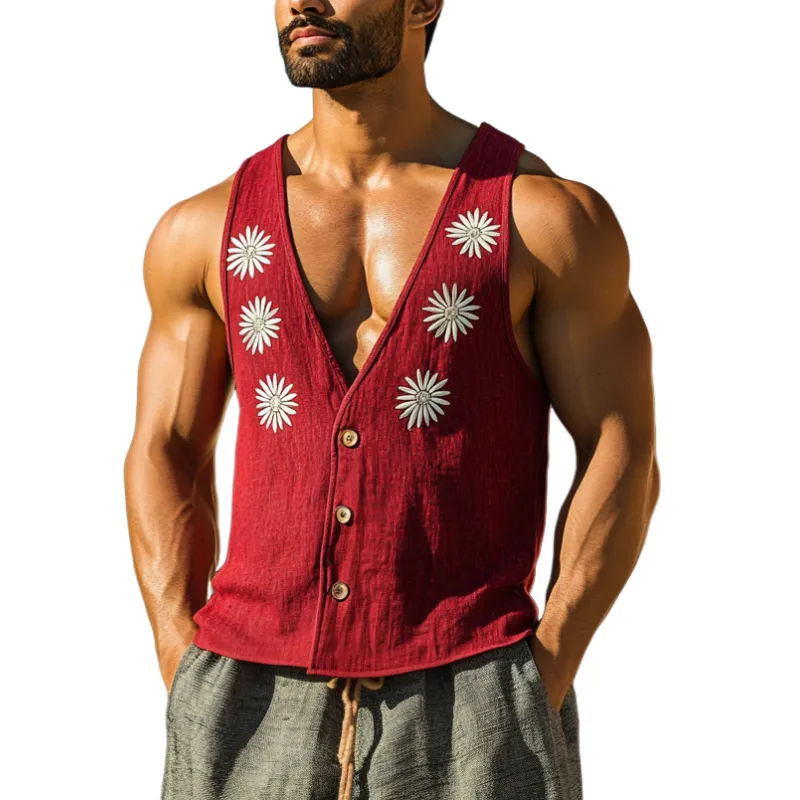 Men's Casual V-Neck Linen Single-Breasted Daisy Embroidered Slim Vest MTA0735D8M sold by Manly