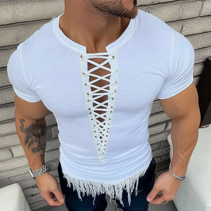 Men's Summer Fashion Lace-up Tassel Short-sleeved T-shirt MTA0863D7U sold by Manly product image thumbnail 2