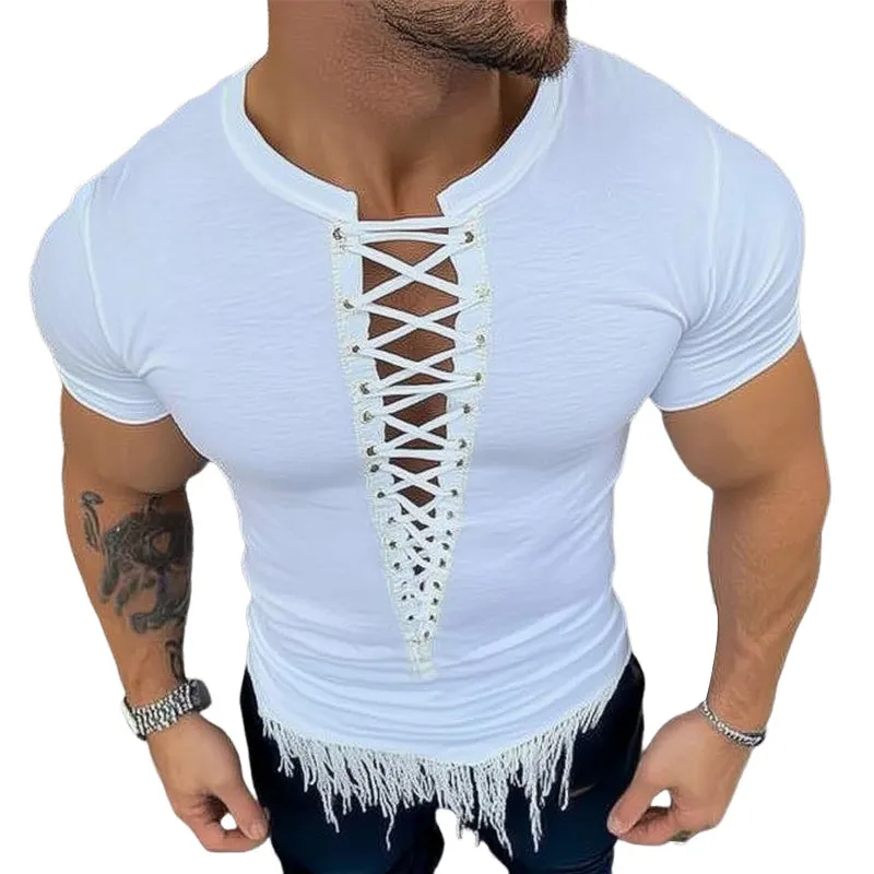 Men's Summer Fashion Lace-up Tassel Short-sleeved T-shirt MTA0863D7U sold by Manly