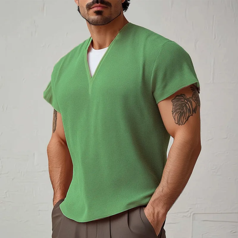 Men's Summer Basic V-neck Textured Short-sleeved T-shirt MTA0805D9U sold by Manly product image thumbnail 3