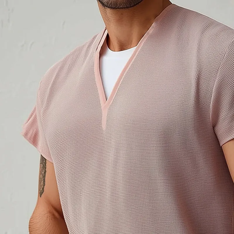 Men's Summer Basic V-neck Textured Short-sleeved T-shirt MTA0805D9U sold by Manly product image thumbnail 5