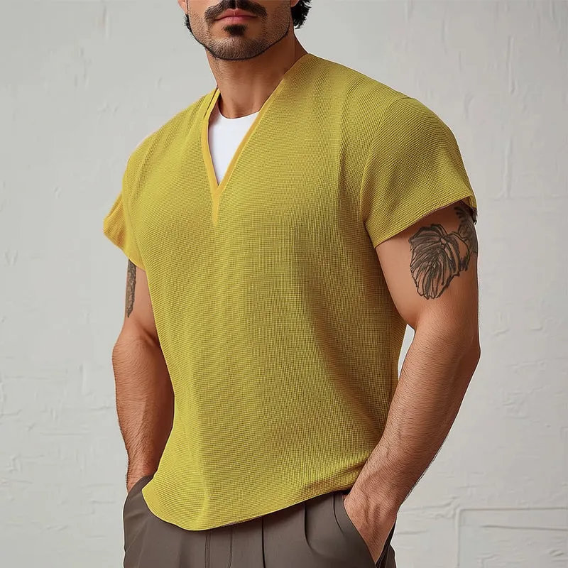 Men's Summer Basic V-neck Textured Short-sleeved T-shirt MTA0805D9U sold by Manly product image thumbnail 4