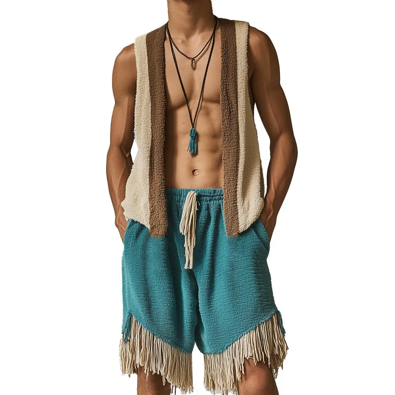Men's Spring Fashion Towel Cloth Tassel Sleeveless Shorts Set MTA0825D1P sold by Manly
