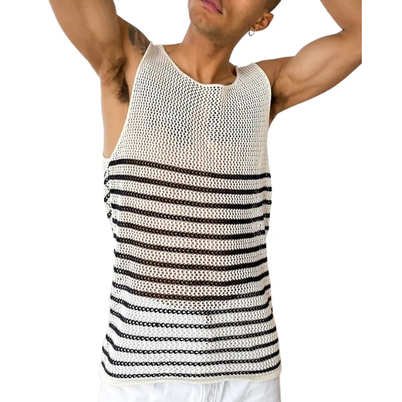 Men's Casual Round Neck Hollow Stripe Knitted Tank Top MTA0763D1M sold by Manly
