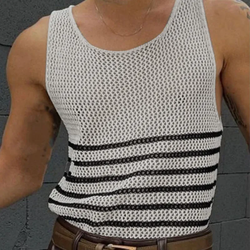 Men's Casual Round Neck Hollow Stripe Knitted Tank Top MTA0763D1M sold by Manly product image thumbnail 3