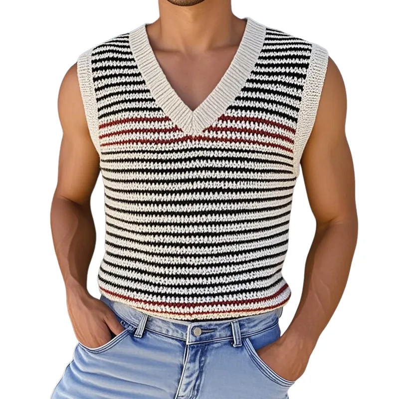 Men's Casual V Neck Contrast Color Striped Knitted Tank Top MTA0787D6M sold by Manly