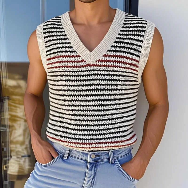 Men's Casual V Neck Contrast Color Striped Knitted Tank Top MTA0787D6M sold by Manly product image thumbnail 2