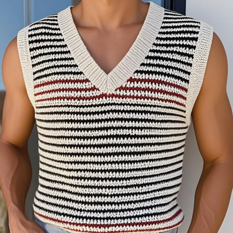 Men's Casual V Neck Contrast Color Striped Knitted Tank Top MTA0787D6M sold by Manly product image thumbnail 3