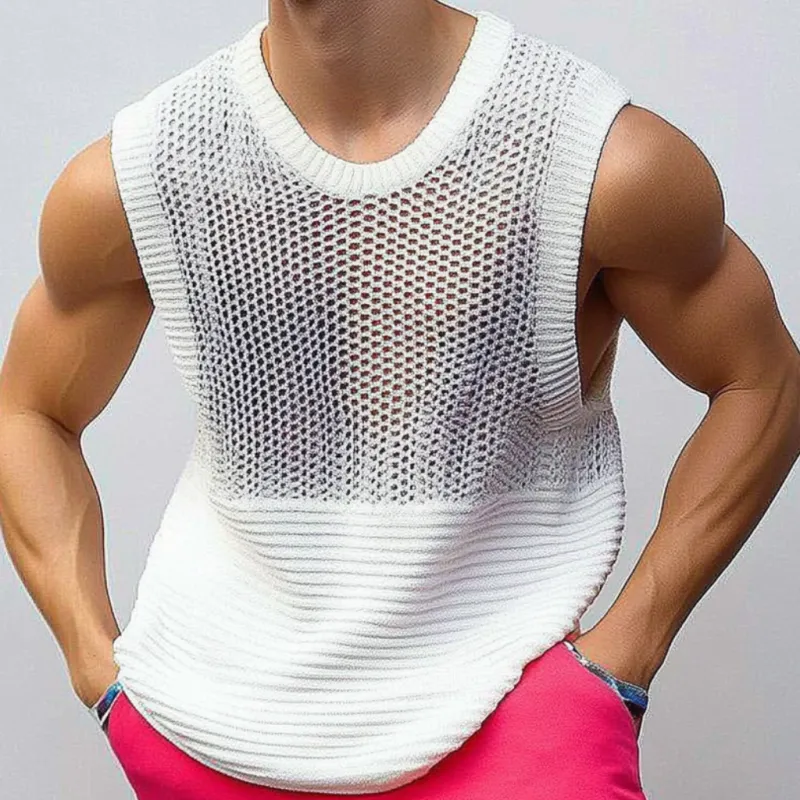 Men's Casual Crew Neck Hollow Out Patchwork Knitted Tank Top MTA0786D7M sold by Manly product image thumbnail 3