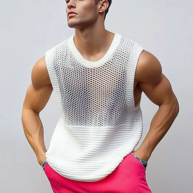 Men's Casual Crew Neck Hollow Out Patchwork Knitted Tank Top MTA0786D7M sold by Manly product image thumbnail 2