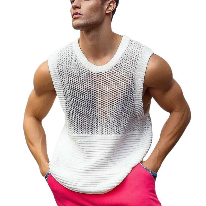 Men's Casual Crew Neck Hollow Out Patchwork Knitted Tank Top MTA0786D7M sold by Manly
