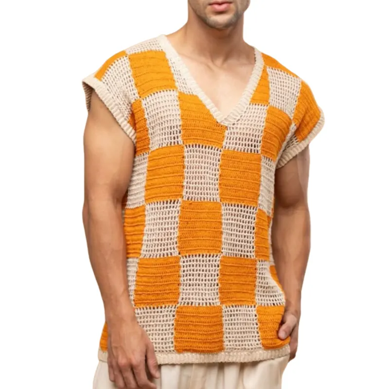 Men's Casual V-Neck Check Jacquard Breathable Loose Knitted Tank Top MTA0747D1M sold by Manly