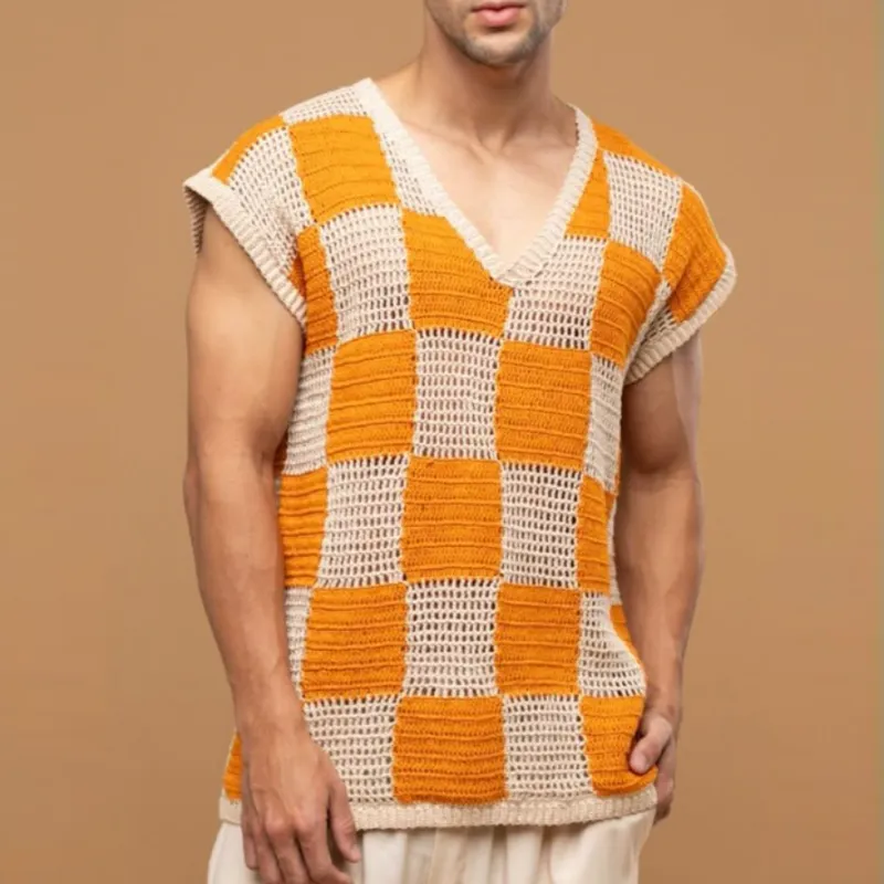 Men's Casual V-Neck Check Jacquard Breathable Loose Knitted Tank Top MTA0747D1M sold by Manly product image thumbnail 2