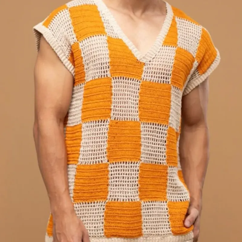 Men's Casual V-Neck Check Jacquard Breathable Loose Knitted Tank Top MTA0747D1M sold by Manly product image thumbnail 3