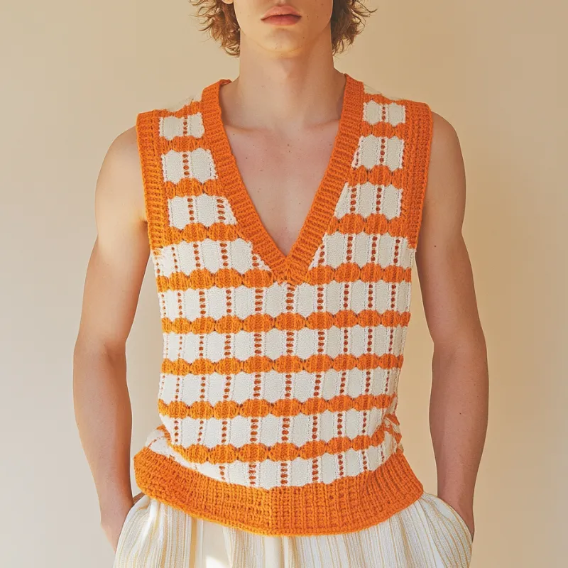 Men's Casual V-Neck Plaid Jacquard Knitted Tank Top MTA0728D1M sold by Manly product image thumbnail 2