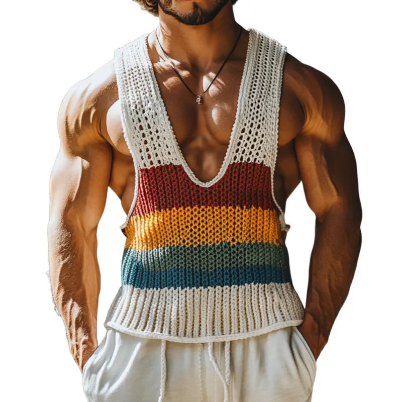 Men's Casual Deep U Neck Contrast Striped Soft Knit Tank Top MTA0735D9M sold by Manly