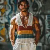 Men's Casual Deep U Neck Contrast Striped Soft Knit Tank Top MTA0735D9M sold by Manly