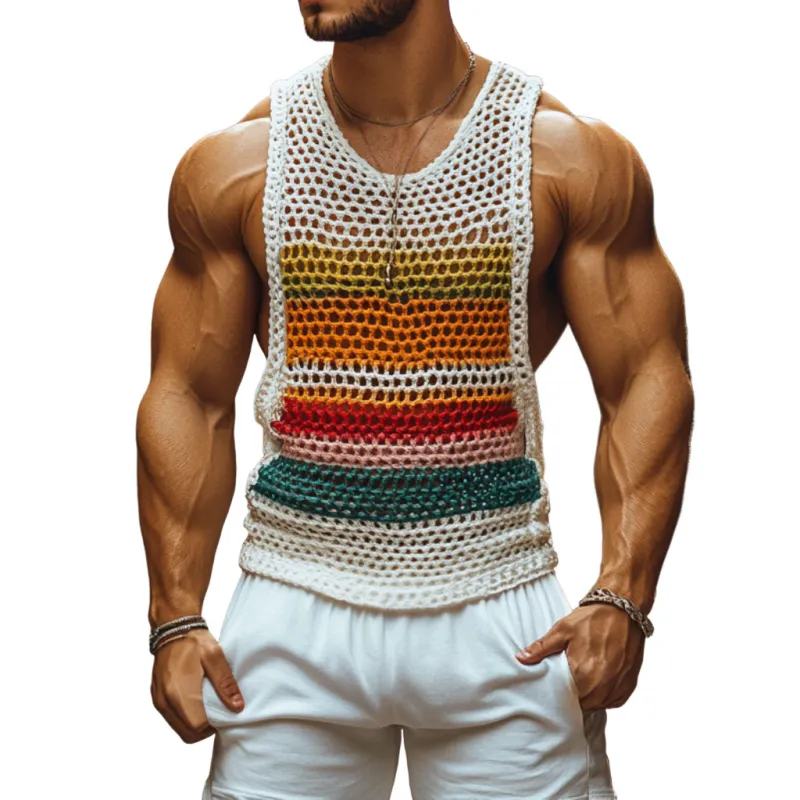 【24-hour shipping out】Men's Casual Round Neck Color Striped Crochet Tank Top MTA0774D7M sold by Manly