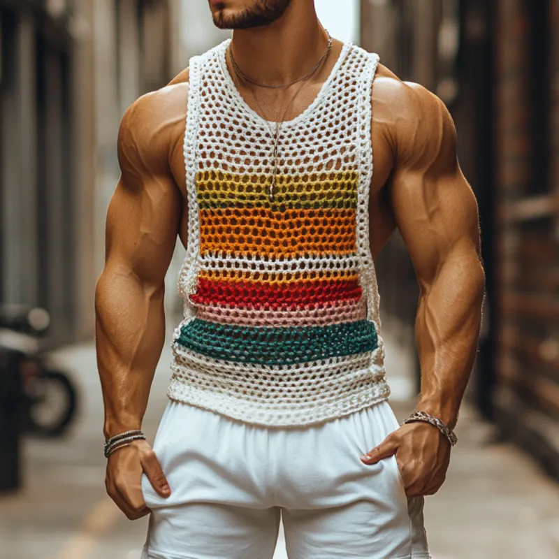 【24-hour shipping out】Men's Casual Round Neck Color Striped Crochet Tank Top MTA0774D7M sold by Manly product image thumbnail 2