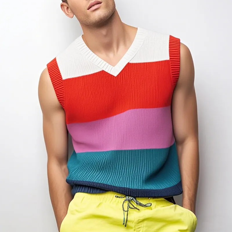 Men's Casual V Neck Contrast Color Striped Soft Knitted Tank Top MTA0739D7M sold by Manly product image thumbnail 2