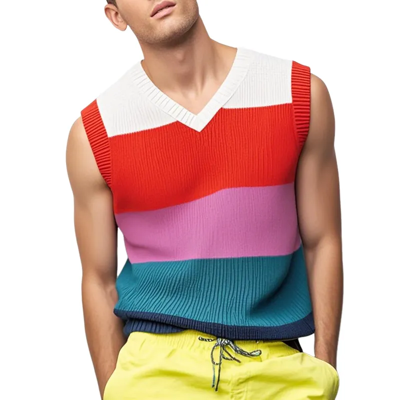 Men's Casual V Neck Contrast Color Striped Soft Knitted Tank Top MTA0739D7M sold by Manly