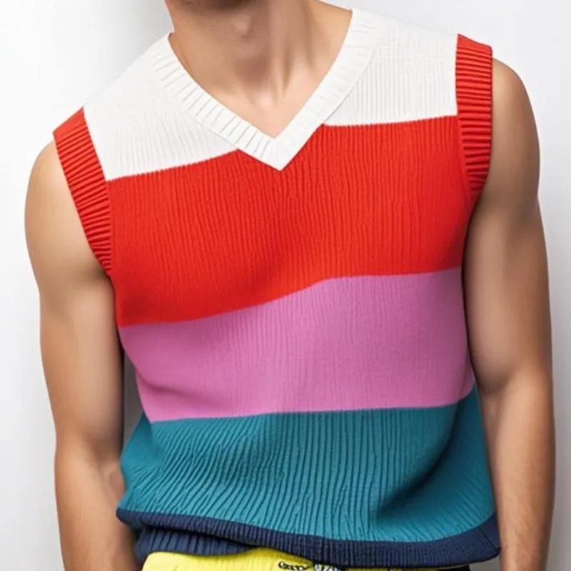 Men's Casual V Neck Contrast Color Striped Soft Knitted Tank Top MTA0739D7M sold by Manly product image thumbnail 3