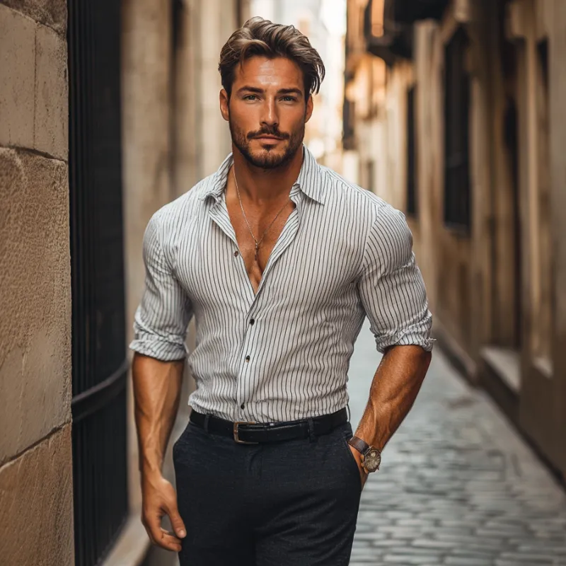 Men's Casual Cotton Blend Striped Lapel Slim Fit Long Sleeve Shirt MTA0757D3M sold by Manly product image thumbnail 3