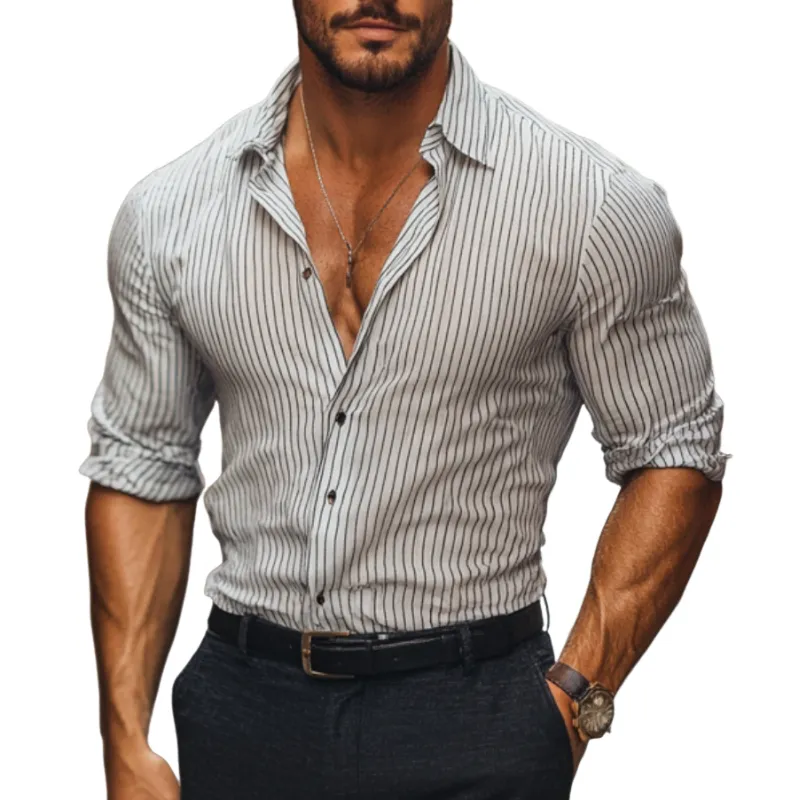 Men's Casual Cotton Blend Striped Lapel Slim Fit Long Sleeve Shirt MTA0757D3M sold by Manly