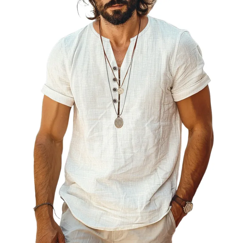 Men's Casual Cotton Linen Henley Collar Loose Short Sleeve T-Shirt MTA0718D0M sold by Manly
