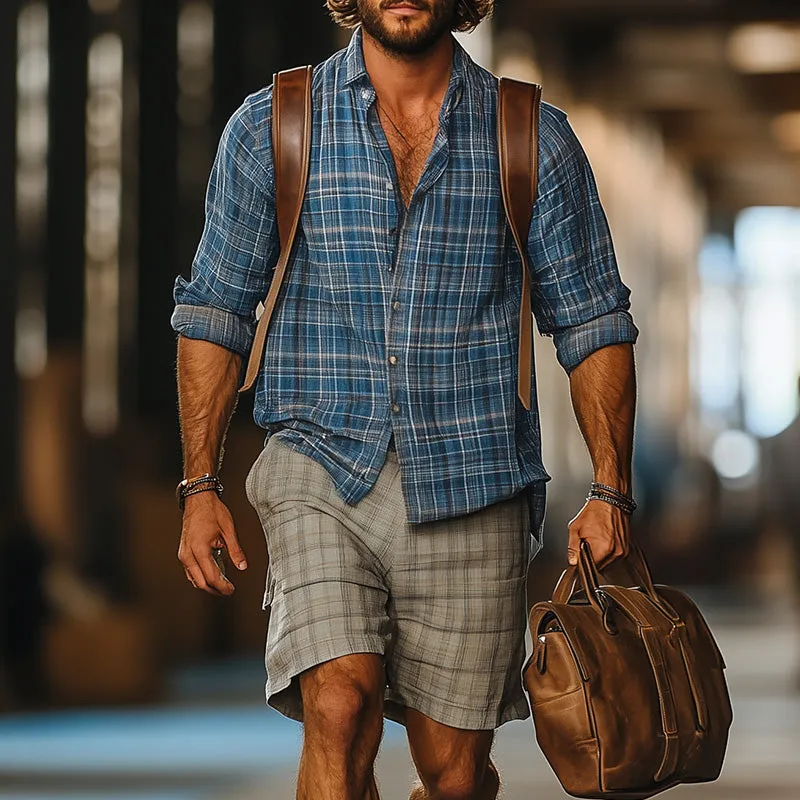 Men's Western Retro Plaid Print Long Sleeve Shirt Shorts Set MTA0774D0P sold by Manly product image thumbnail 2