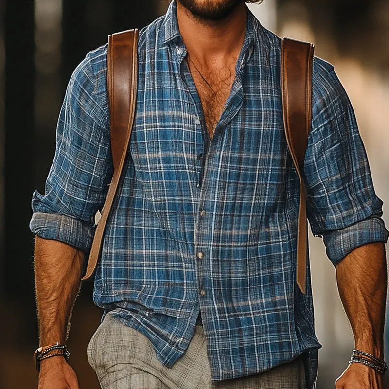 Men's Western Retro Plaid Print Long Sleeve Shirt Shorts Set MTA0774D0P sold by Manly product image thumbnail 3