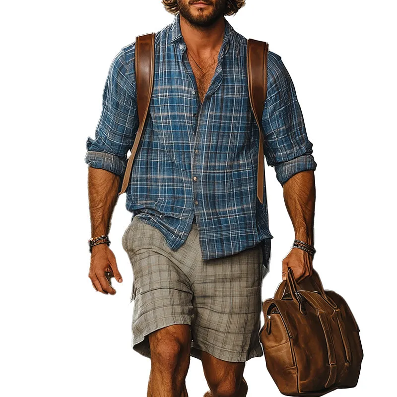 Men's Western Retro Plaid Print Long Sleeve Shirt Shorts Set MTA0774D0P sold by Manly