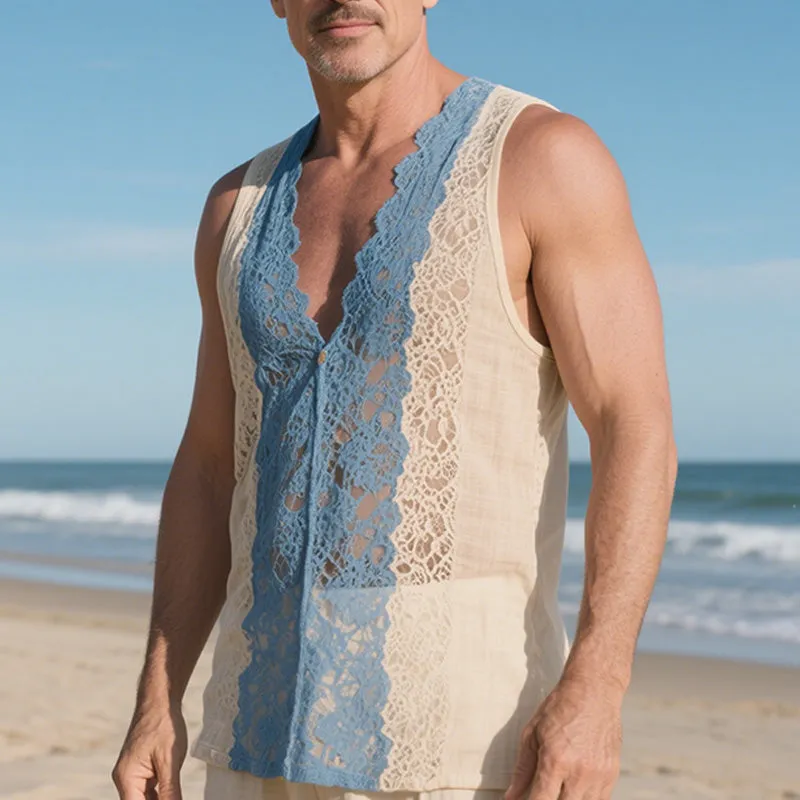 Men's Spring Fashion Lace Splicing Thin Tank Top MTA0748D8P sold by Manly product image thumbnail 2