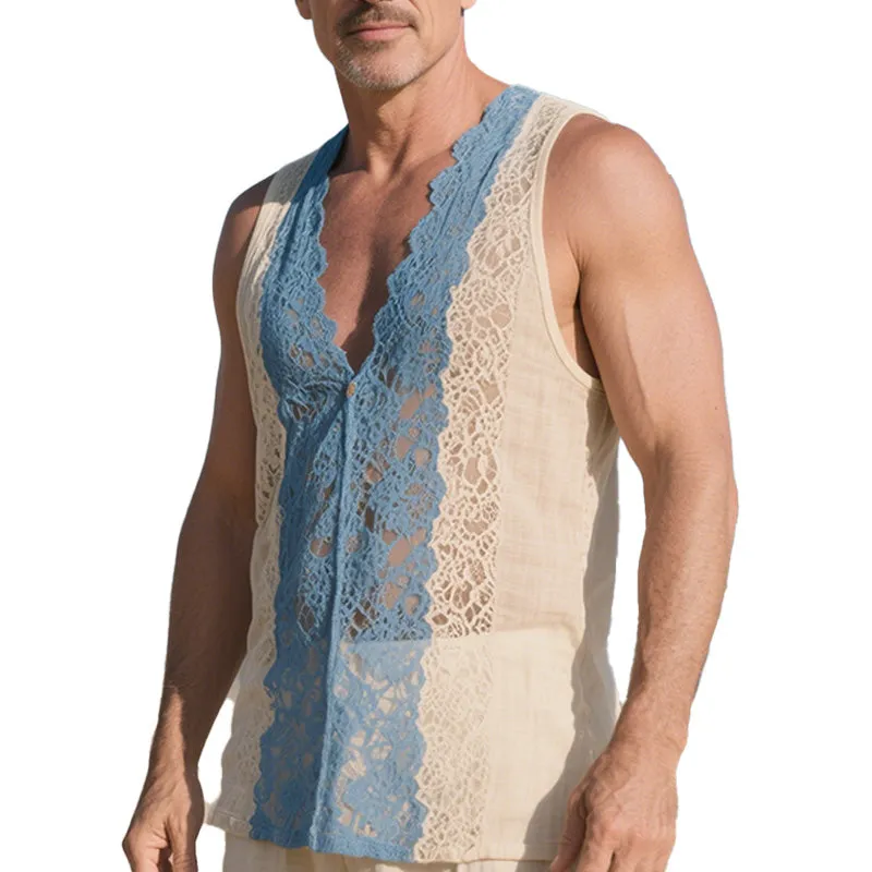 Men's Spring Fashion Lace Splicing Thin Tank Top MTA0748D8P sold by Manly