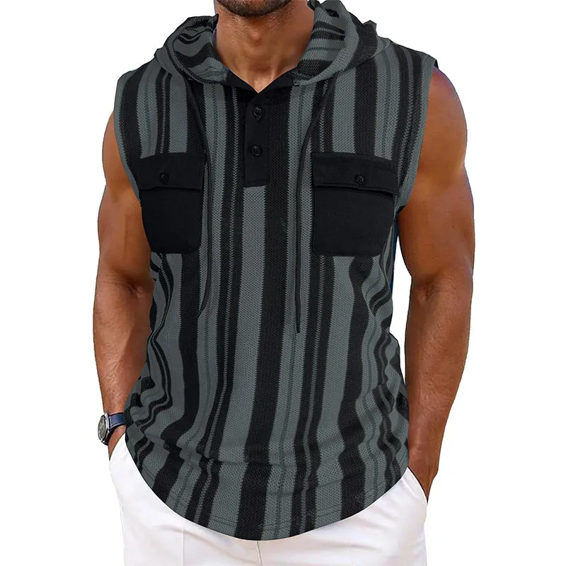 Men's Casual Striped Sleeveless Hooded Tank Top MTA0708D5X sold by Manly product image thumbnail 3