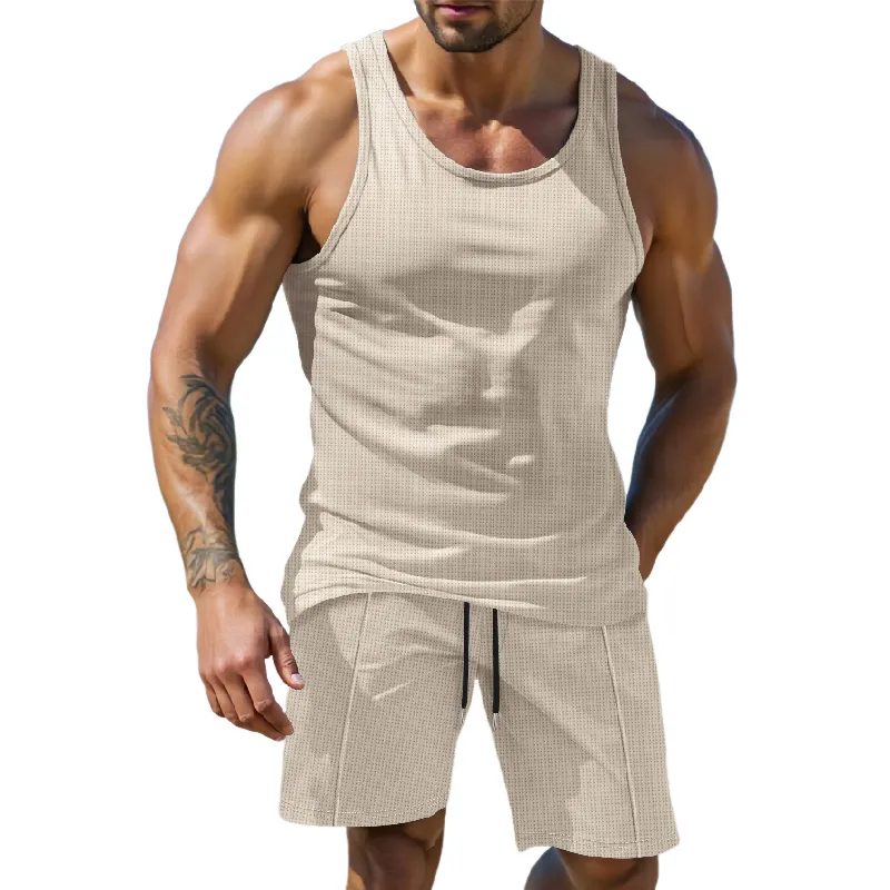 Men's Casual Solid Color Tank Top Shorts Two-Piece Set MTA0714D8X sold by Manly