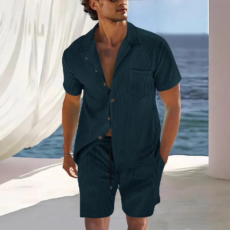Men's Solid Color Short Sleeve Shorts Holiday Two-piece Set MTA0744D7X sold by Manly product image thumbnail 4